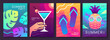 Set of fluorescent posters with summer attributes. Cocktail cosmopolitan, tropic leaf, flip flops and pineapple with glasses. Vector illustration