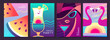 Set of fluorescent posters with summer attributes. Cocktail silhouette, watermelon slices, flamingo, girl in hat and cosmopolitan. Vector illustration