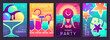 Set of fluorescent summer posters with summer attributes. Cocktail silhouette, tequila sunrise, ice cream, tropic leaves and girl on the beach. Vector illustration