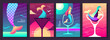 Set of fluorescent summer posters with summer attributes. Cocktail cosmopolitan silhouette, mermaid and sea. Vector illustration
