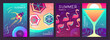 Set of  fluorescent colorful summer posters with summer attributes. Cocktail cosmopolitan silhouette, flamingo, beach top view, swim ring and swimming woman. Vector illustration