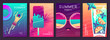 Set of fluorescent summer posters with summer attributes. Mojito cocktail, sunglasses, ice cream, swim ring and swimming man. Vector illustration