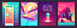 Set of fluorescent summer posters with summer attributes. Cocktail silhouette, tequila sunrise, beach umbrella, ice cream and tropic island. Vector illustration