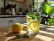 A shot of a glass of refreshing lemon water with mint leaves on a wooden table.
