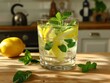 A shot of a glass of refreshing lemon water with mint leaves on a wooden table.