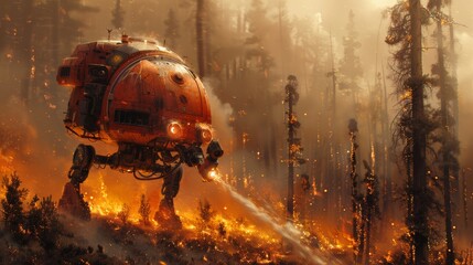 Wall Mural - Advanced firefighting robot navigating through dense, fiery forest - futuristic technology in action