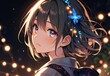 A cute anime girl with her hair adorned with glowing, firefly-like lights, generative AI