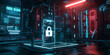 3D render of a glowing padlock icon on a large smartphone in a cyberpunk dark room, generative AI