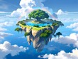 A floating island above the clouds, with cascading waterfalls and shimmering rainbows, generative AI