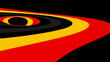 Bold abstract geometric design with concentric shapes in red, yellow, and black