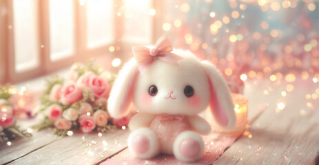 Wall Mural - Baby cute fluffy doll flower and bokeh background, content space