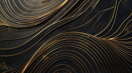 Wall Mural - black and gold art design with thin lines and arches, logo in the middle, 16:9