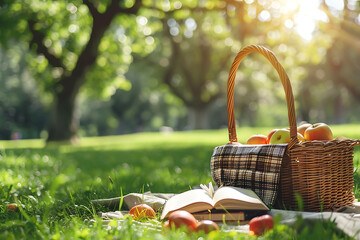 Wall Mural - Summer picnic with book and food on wicker basket in the park