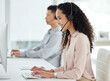 © peopleimages.com - Call center, computer and happy consultant woman in telemarketing office for online assistance or help. Contact us, desk and microphone with smile of agent in crm workplace for customer support