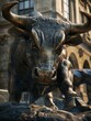 Exhausted bull, Defeated, Statue, Sculpture, Global stock markets, Financial, Business. The bull is exhausted and defeated. Global stock markets collapse in a 1929 economic crisis style. Generative AI