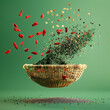 A floating basket of superfoods—spirulina powder, chia seeds, and goji berries—hovering against a vibrant green background in clay 3D model style.
