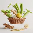 A lively floating basket featuring fresh celery, ginger root, and lemon, set against a crisp white background in cartoonish clay 3D style, highlighting detox benefits.
