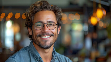 Wall Mural - Portrait of cheerful young professional man in casual clothes and glasses smiling charmingly against blurred office background