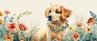 Watercolor hand drawn cute dog with a floral wreath on its neck, in a flower field, bright pastels, serene nature scene