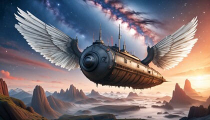 Wall Mural - Painting Paper Mache Charcoal Submarine with wings flying through milky way galaxy, fantasy landscape from stone ship