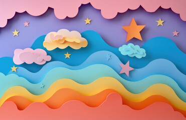 3D paper cut art of a colorful sky with clouds and stars in rainbow colors