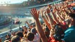 Close-up of enthusiastic spectators at a motorsport event, cheering and waving as their favorite driver passes by in a blur of speed