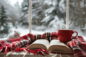 Wall Mural - Cozy home still life: cup of hot coffee and opened book with warm plaid on windowsill against snow landscape outside. Winter holidays, Christmas time concept, free copy space