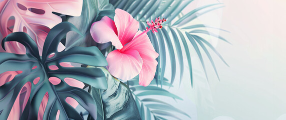 Wall Mural - Adorable panorama with monstera leafs and  flowers. Illustration for background.