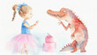 Adorable girl in ballerina dress with cute crocodile and birthday cake. Watercolor hand drawing on white background