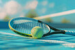 Tennis yellow ball, racket on the blue court. Sports banner. Healthy  concept.