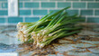 A bunch of freshly picked green onions on a granite kitchen countertop. From a homegrown garden.