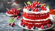 Red Velvet cake with a bright white cream texture, adorned with fresh berries. Birthday desserts.