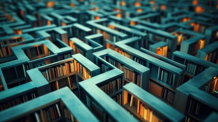 A maze built entirely of bookshelves, with glowing book spines representing knowledge and the path to a technological breakthrough.