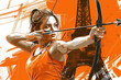 Orange watercolor painting of an archery woman by eiffel tower olympic