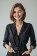 © twentyone - Short hair smiling businesswoman stands holding hands in pockets and looking at camera , white background, Bob cut