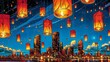 A city skyline is lit up with many lanterns, creating a warm