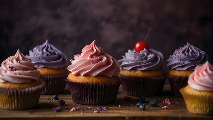 Delicious pink and purple cupcakes arranged on a wooden table