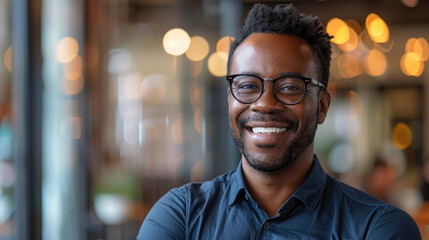 Wall Mural - Smart and successful black man wearing casual clothes and glasses smiling warmly in blurred modern office space