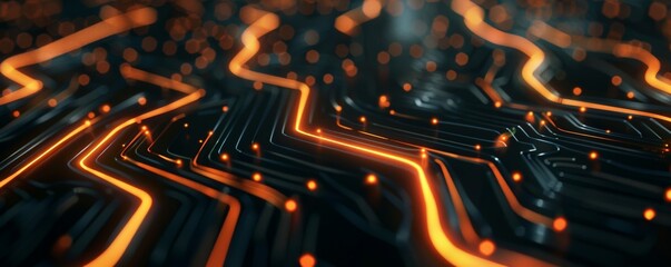 A single, glowing line forming a circuit path on a stark black background, representing the essence of minimalist technology.  