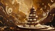 Elegant Dessert Platter Featuring a Majestic Chocolate and Cream Swirl Tower