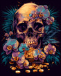 A skull is surrounded by purple flowers and gold coins