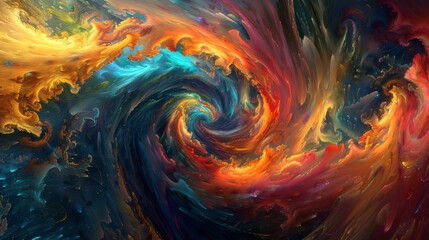 Wall Mural - A swirling vortex of vibrant colors exploding outwards, morphing into fantastical creatures and landscapes. 