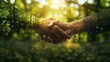Sustainability in business, two partner are shaking hands in office, Deal, Collaborative teamwork, Environmental, climate change, blur green forrest background, negotiation. Generative Ai