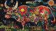 Mythical bull, decorated with intricate patterns and vibrant colors against a dark backdrop.