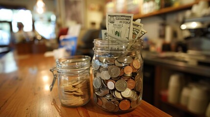 A close-up of a tip jar filled with bills and coins at a coffee shop counter