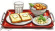 cafeteria tray holding a plate of 2 toasted sliced breads with butter sits on it and a bowl of Japanese katsu-don and a plate of potato salad 