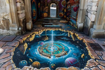 Street art depicting a time travel scene with a portal opening into a cosmic realm on an urban sidewalk