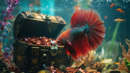 Wall Mural - A Betta fish exploring a sunken treasure chest in its tank, its playful antics adding excitement and intrigue to its underwater habitat.