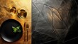 © Seksan - Black and gold theme fine dinning table setting with wine glasses and plate with a sprig of greenery.