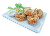 Fototapeta Most - Top view of Deep fried shrimp cake on white plate Thai food, focus selective